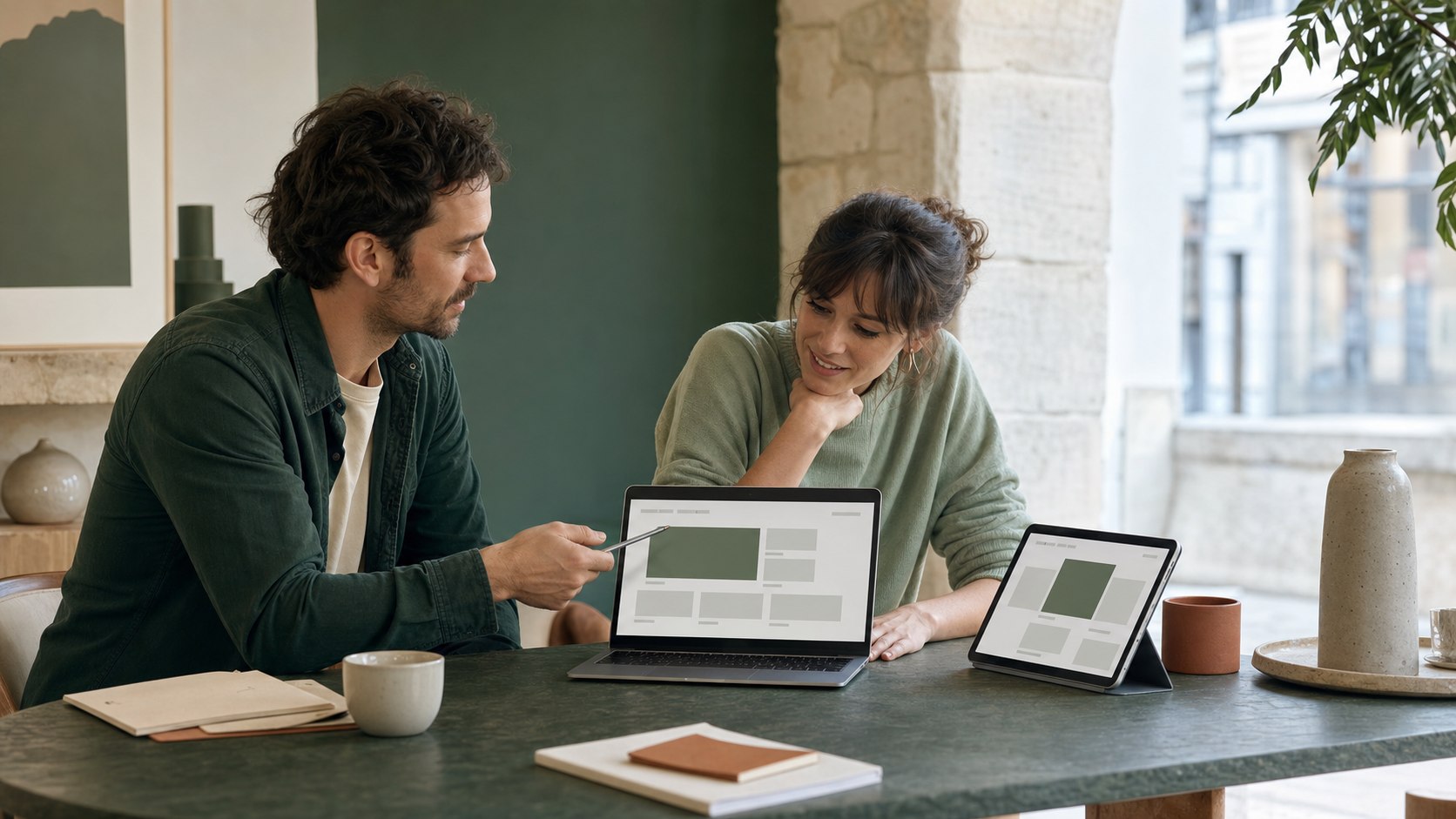Une entrepreneuse et un web designer construisent ensemble un site internet responsive