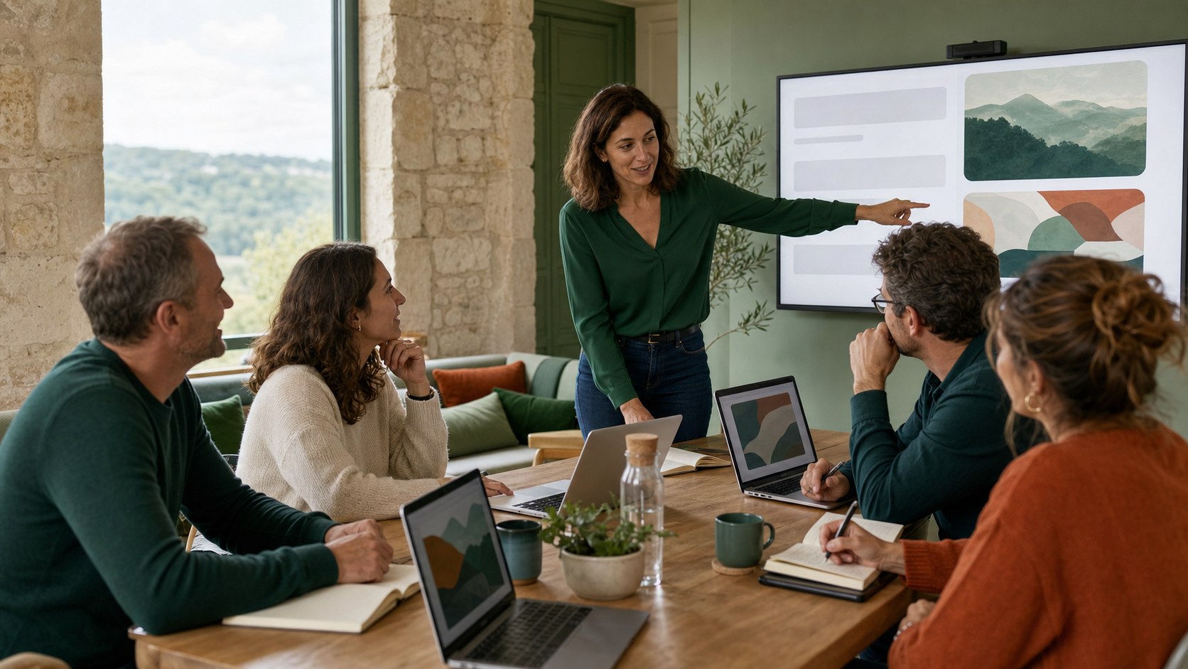 Une formatrice accompagne un petit groupe de professionnels pendant un atelier pratique sur l’intelligence artificielle.