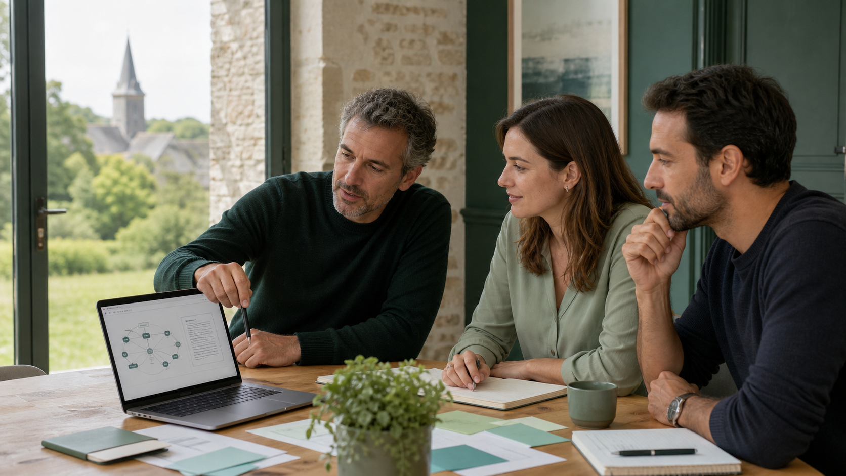Trois professionnels étudient ensemble un cas d’usage de l’intelligence artificielle.