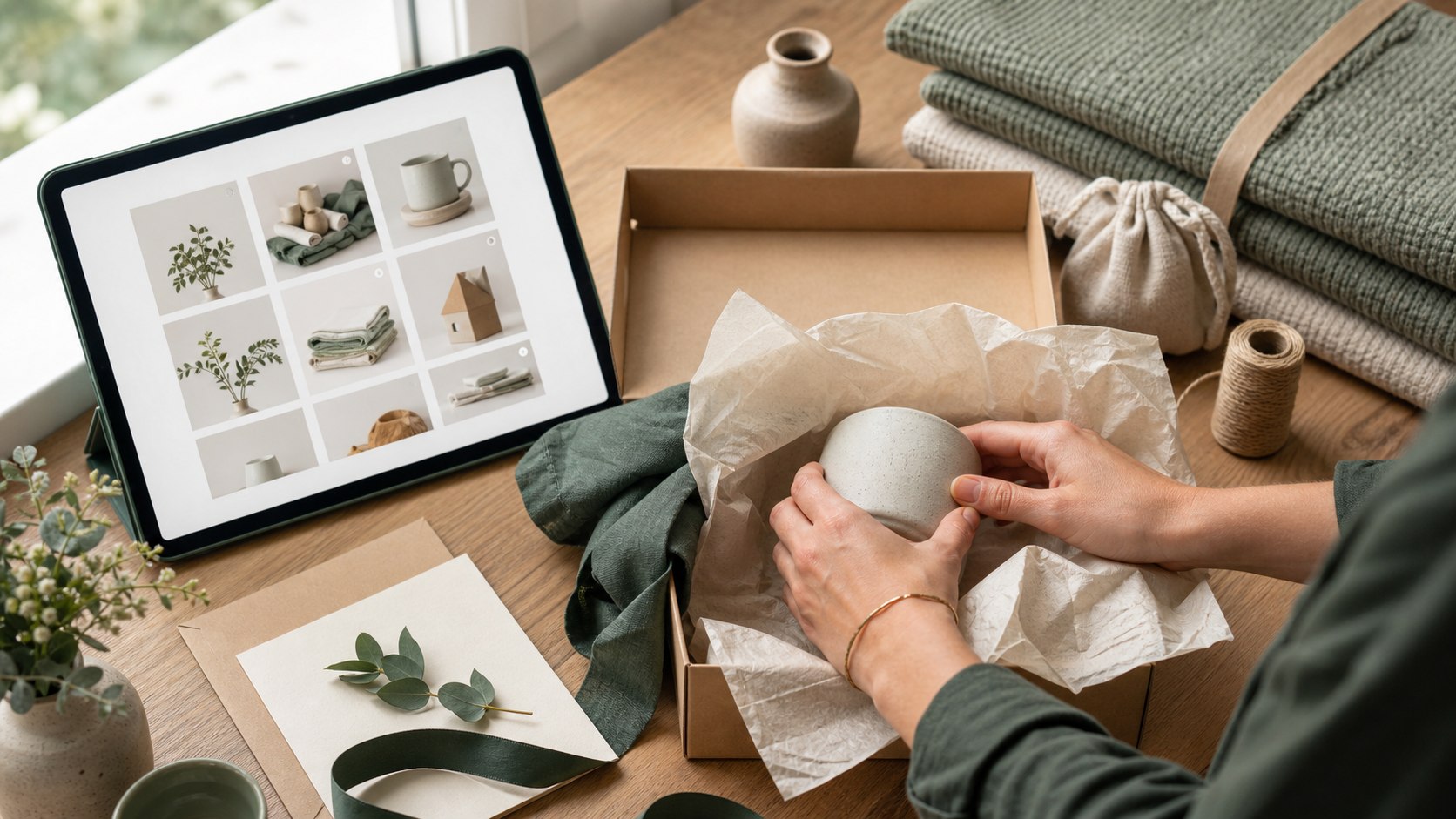 Des mains préparent une commande auprès d’une tablette affichant un catalogue de boutique en ligne