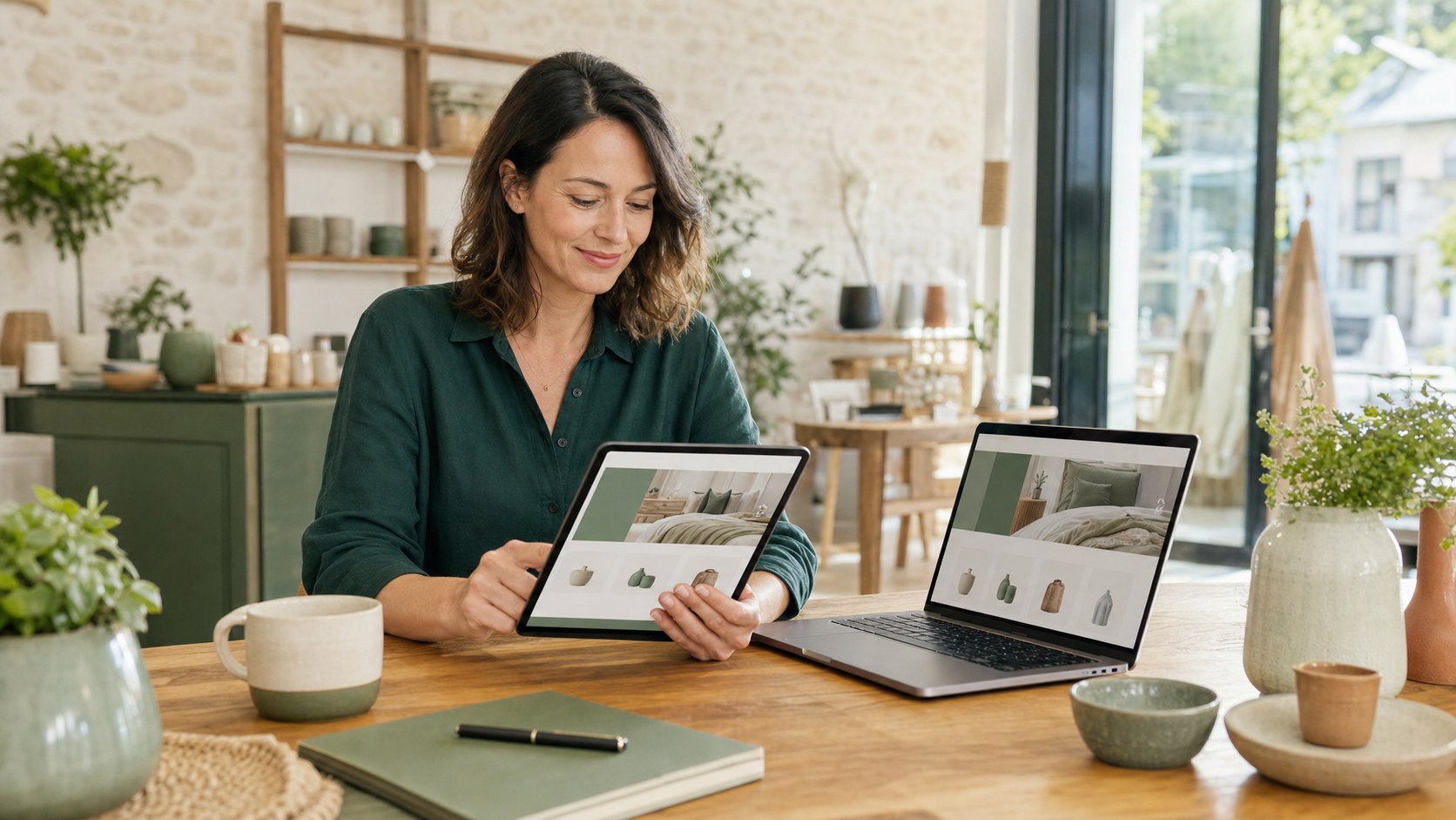 Une entrepreneuse consulte son site vitrine professionnel sur tablette et ordinateur